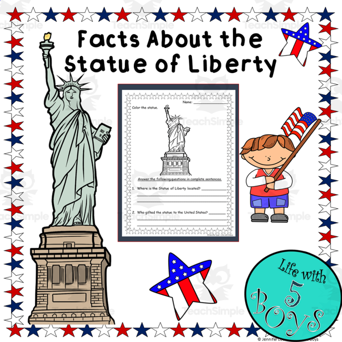 An educational teaching resource from Life with 5 Boys entitled Statue of Liberty Facts – Reading Comprehension downloadable at Teach Simple.