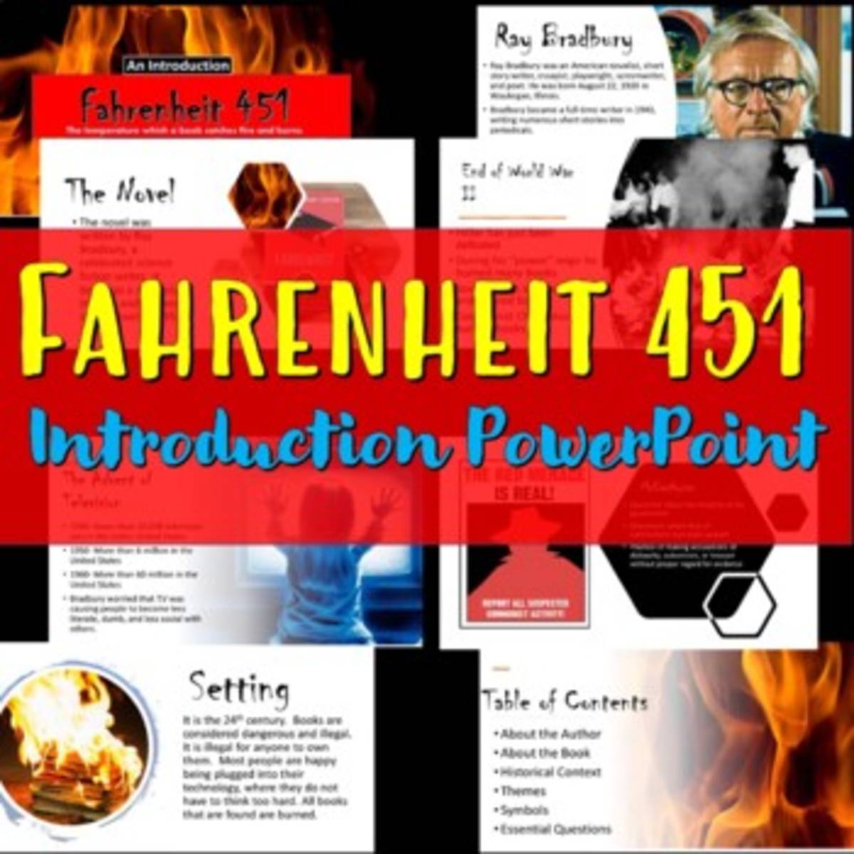 An educational teaching resource from Educate and Create entitled Fahrenheit 451 Introduction PowerPoint downloadable at Teach Simple.