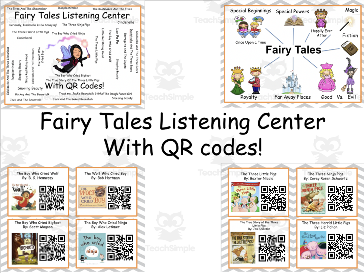 An educational teaching resource from Instructional Coaches Corner entitled Fairy Tales Listening Center With QR Codes (32 books) downloadable at Teach Simple.