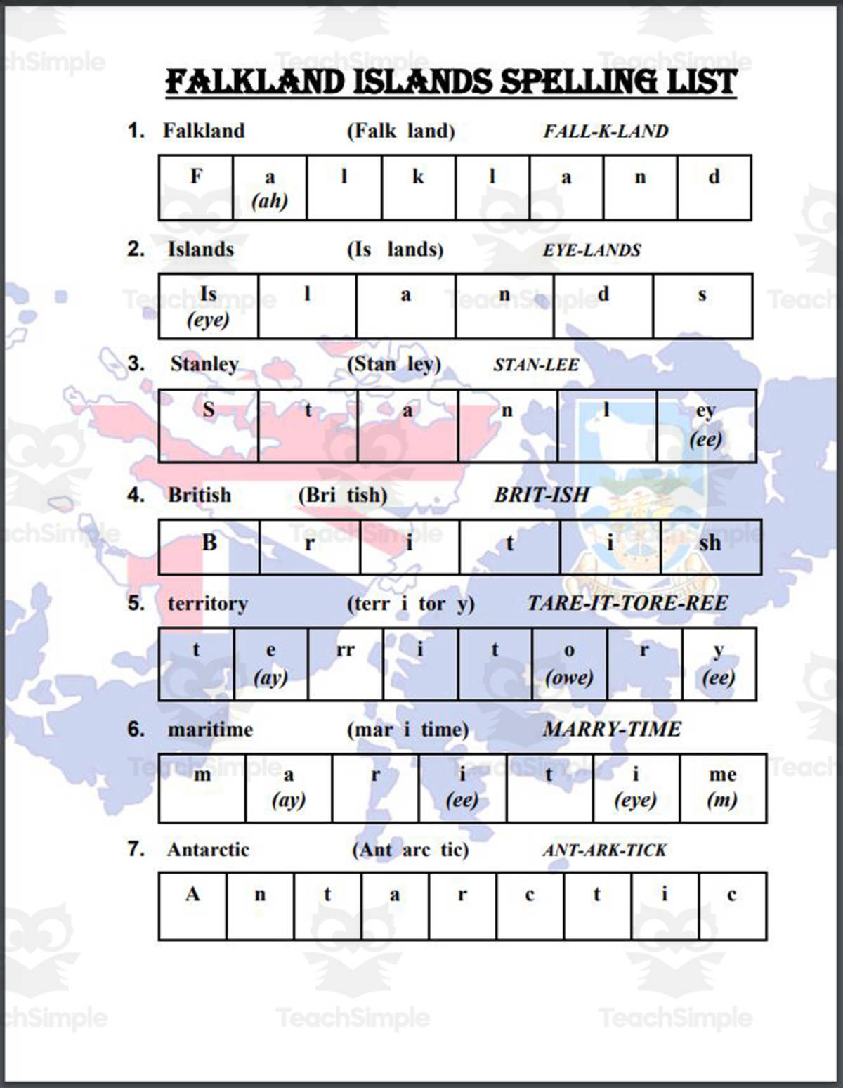 An educational teaching resource from Mr. Matthews Teacher Store entitled Falkland Islands (UK) Spelling List downloadable at Teach Simple.