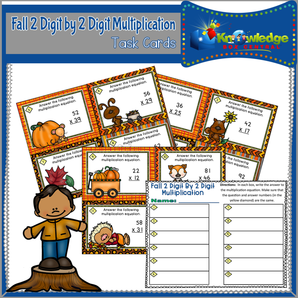 An educational teaching resource from Knowledge Box Central entitled Fall 2 Digit By 2 Digit Multiplication Task Cards With Response Sheet & Answer Key - EBOOK downloadable at Teach Simple.