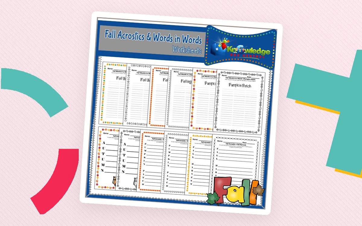 An educational teaching resource from Knowledge Box Central entitled Fall Acrostics and Words in Words Worksheets - EBOOK downloadable at Teach Simple.