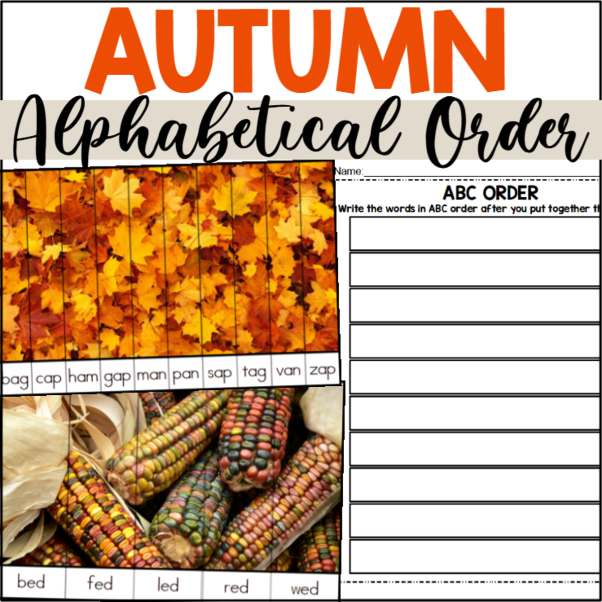 An educational teaching resource from The Connett Connection entitled Fall Alphabetical Order Puzzles downloadable at Teach Simple.