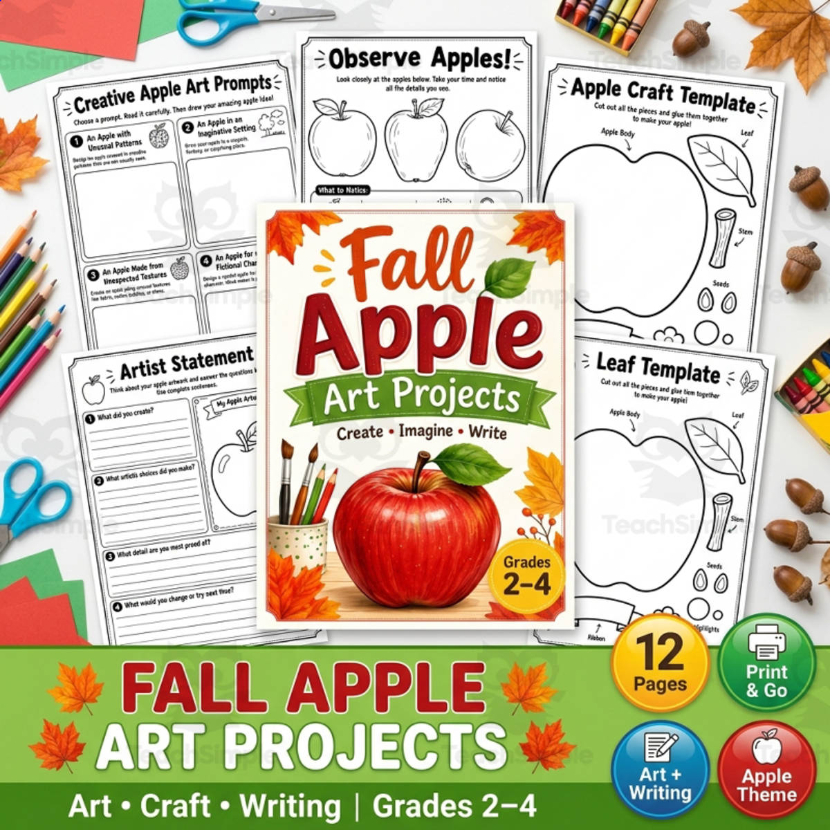 An educational teaching resource from TeachTrend Studio entitled Fall Apple Art Projects & Craft Templates | Art Lesson + Writing downloadable at Teach Simple.