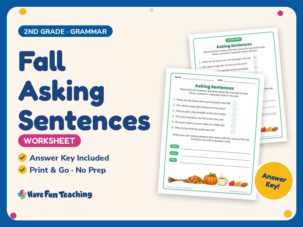 Fall Asking Sentences Worksheet – 2nd Grade Punctuation Practice preview