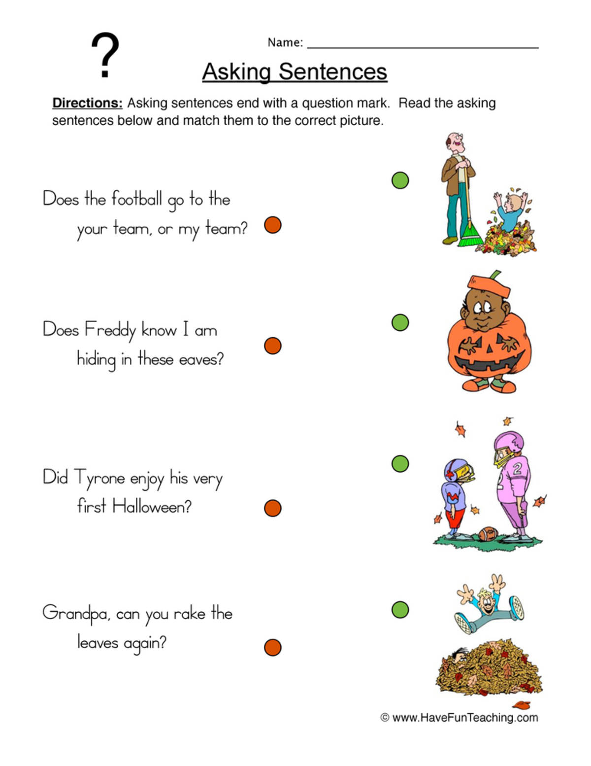 An educational teaching resource from Have Fun Teaching entitled Fall Asking Sentences Worksheet downloadable at Teach Simple.