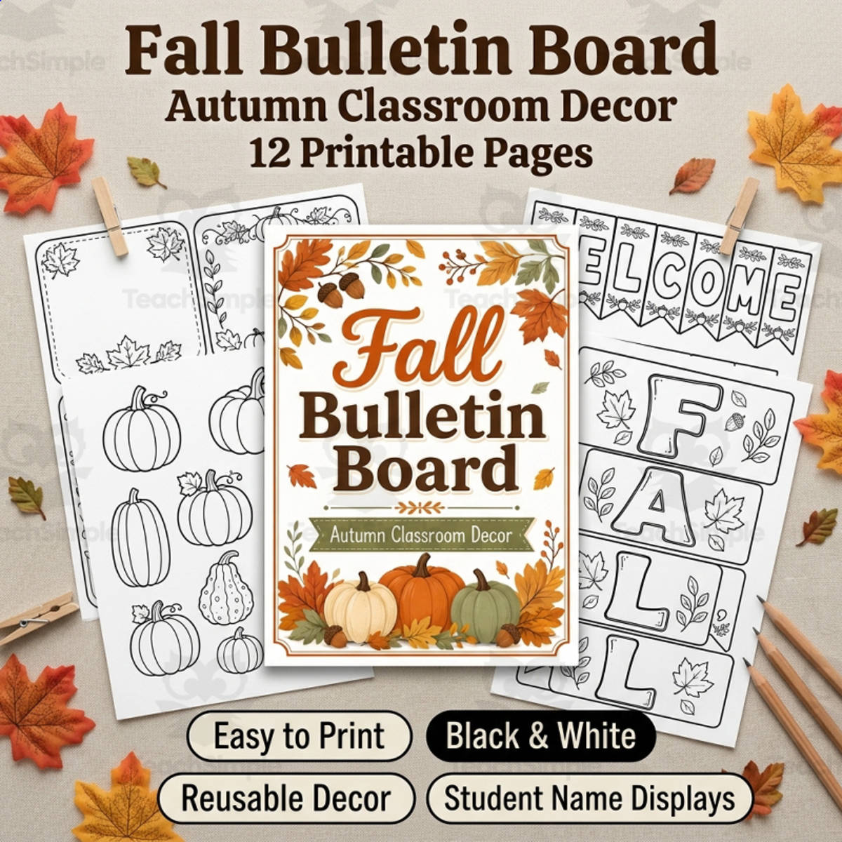 An educational teaching resource from TeachTrend Studio entitled Fall Bulletin Board Decor | Autumn Classroom Display Printable downloadable at Teach Simple.