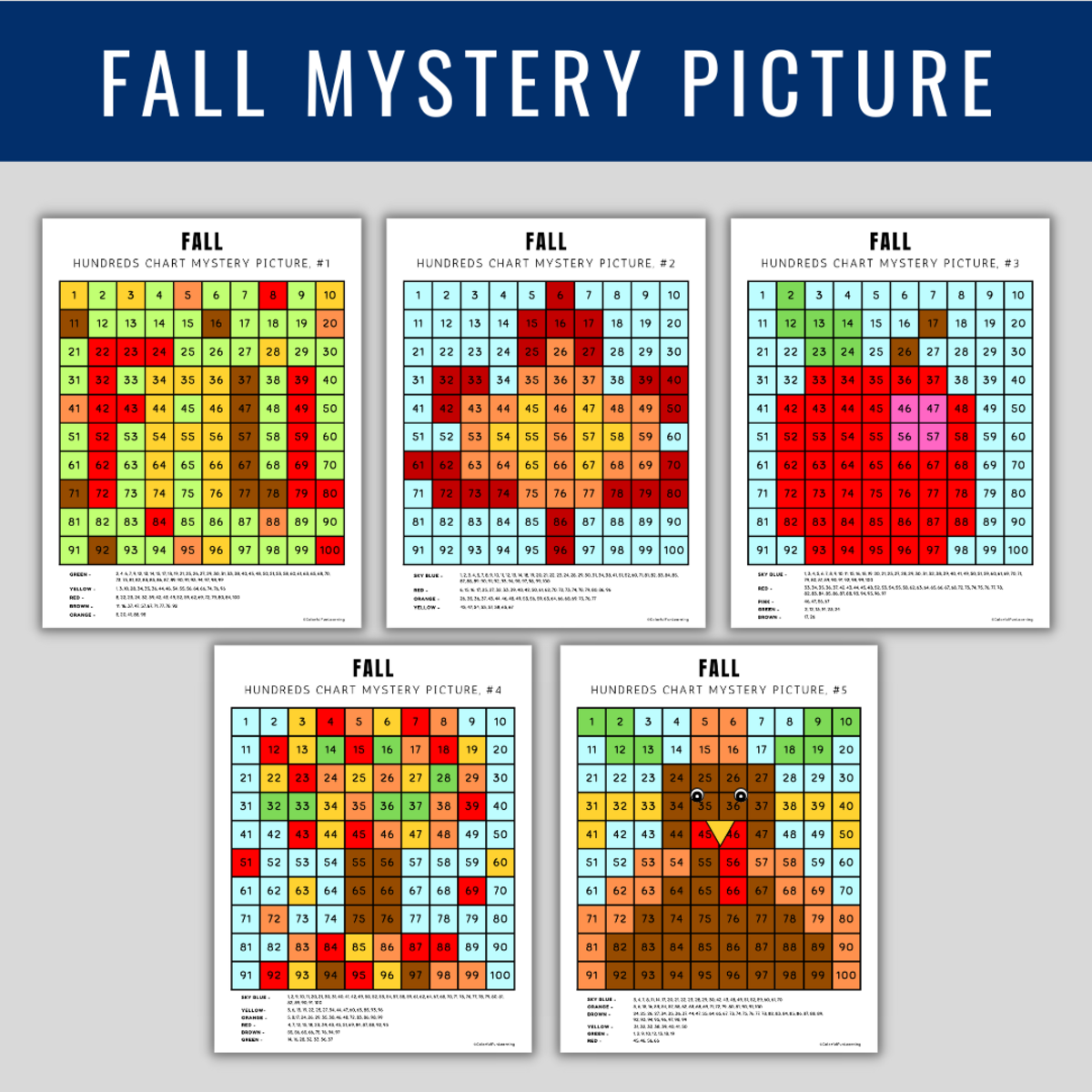 An educational teaching resource from Colorful Fun Learning entitled FALL Coloring Pages, Hundreds chart Mystery Picture, Color By Number downloadable at Teach Simple.