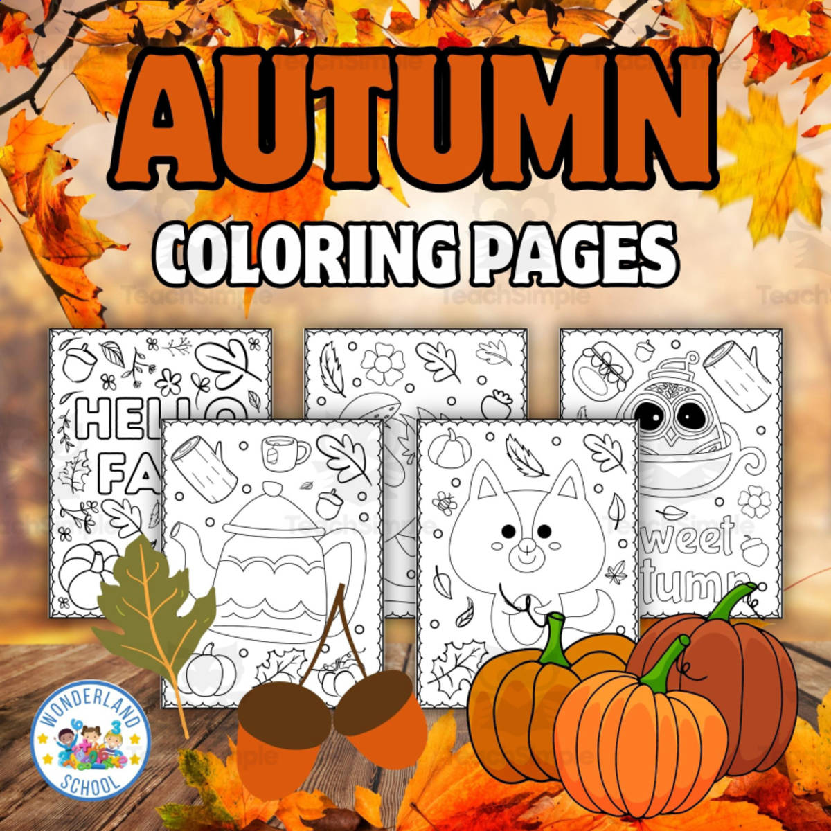 An educational teaching resource from Wonderland School entitled Fall Coloring Pages: Pumpkin Coloring Sheets downloadable at Teach Simple.