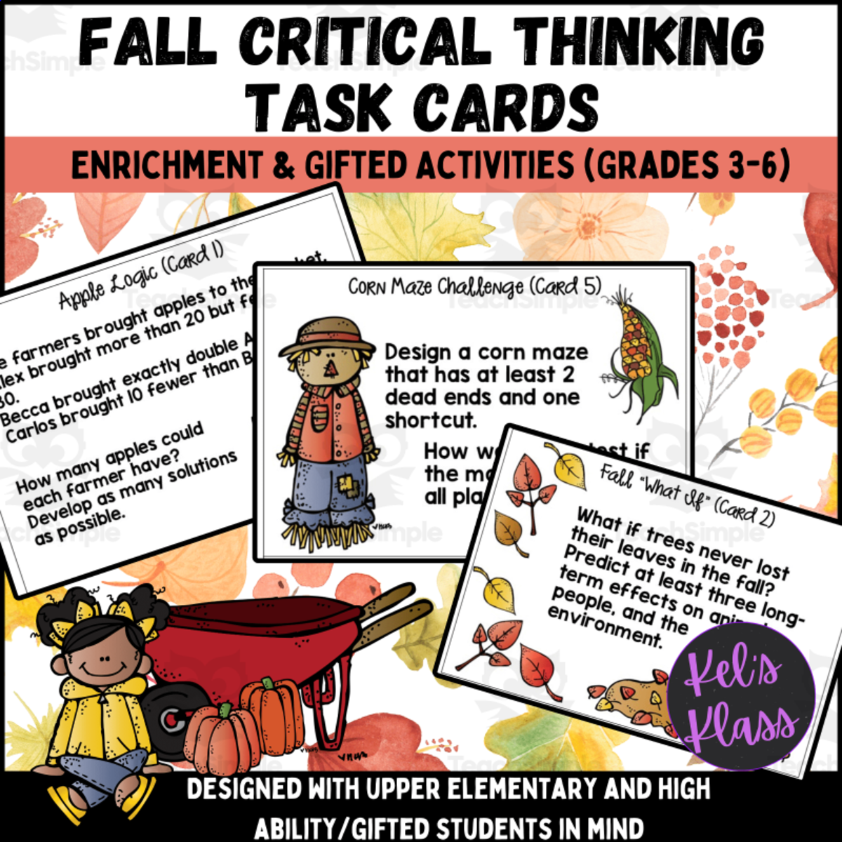 An educational teaching resource from Kel's Klass entitled Fall Critical Thinking Task Cards (Math, Science, Language Skills) downloadable at Teach Simple.