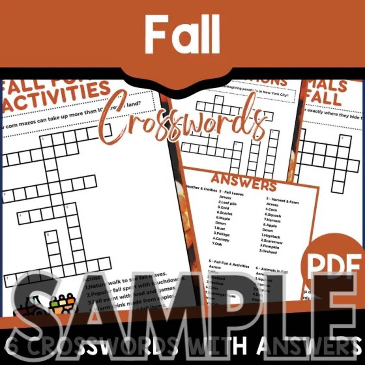 An educational teaching resource from Cored Education entitled Fall Crossword: 1 Page Sample (PDF) downloadable at Teach Simple.