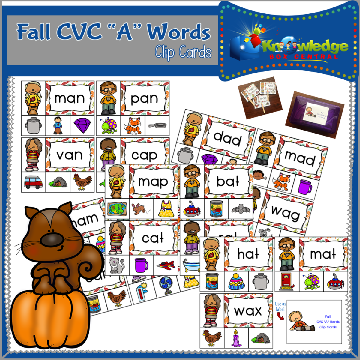 An educational teaching resource from Knowledge Box Central entitled Fall CVC "A" Words Clip Cards - EBOOK downloadable at Teach Simple.