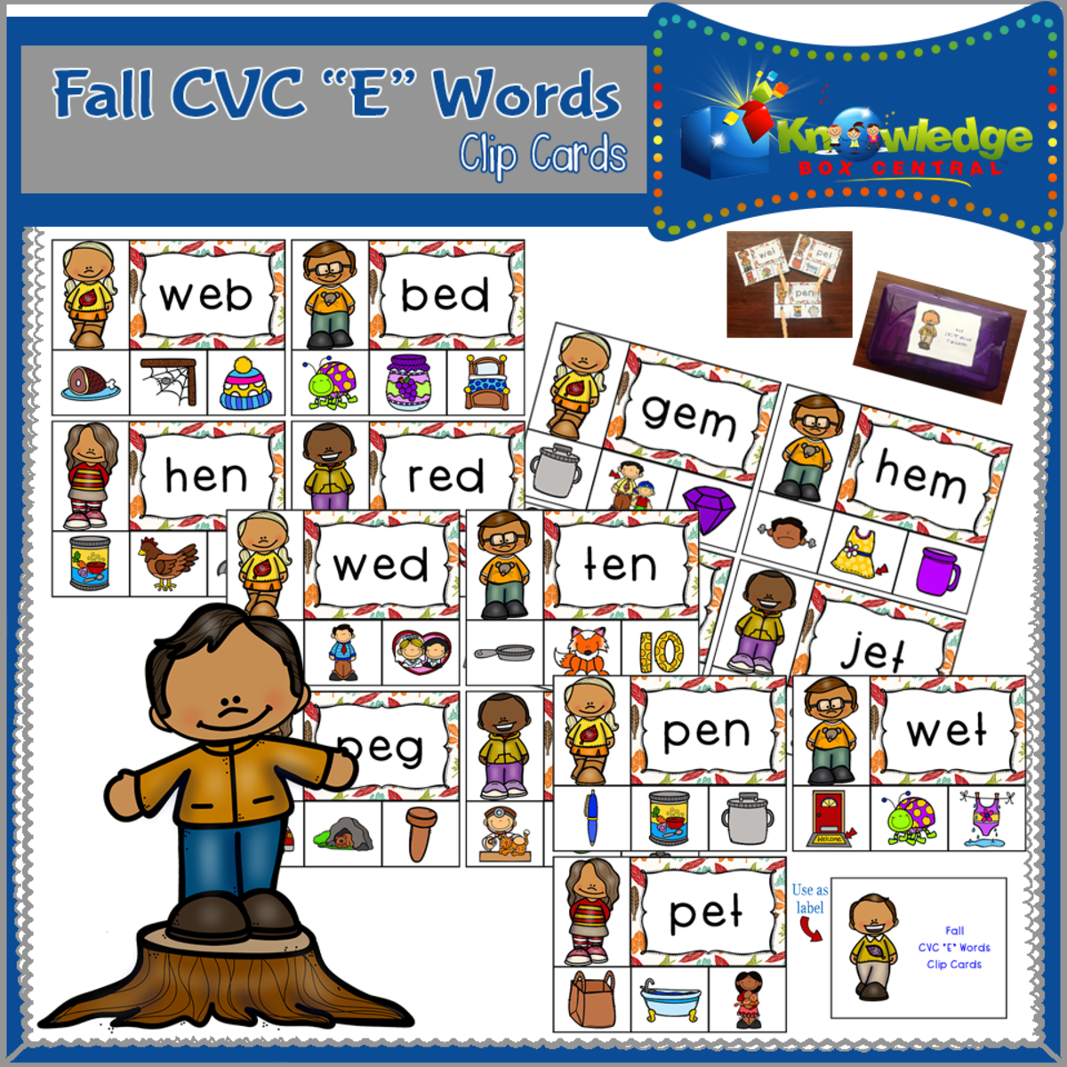 An educational teaching resource from Knowledge Box Central entitled Fall CVC "E" Words Clip Cards - EBOOK downloadable at Teach Simple.