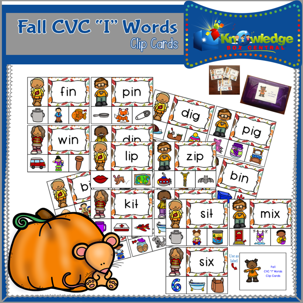 An educational teaching resource from Knowledge Box Central entitled Fall CVC "I" Words Clip Cards - EBOOK downloadable at Teach Simple.