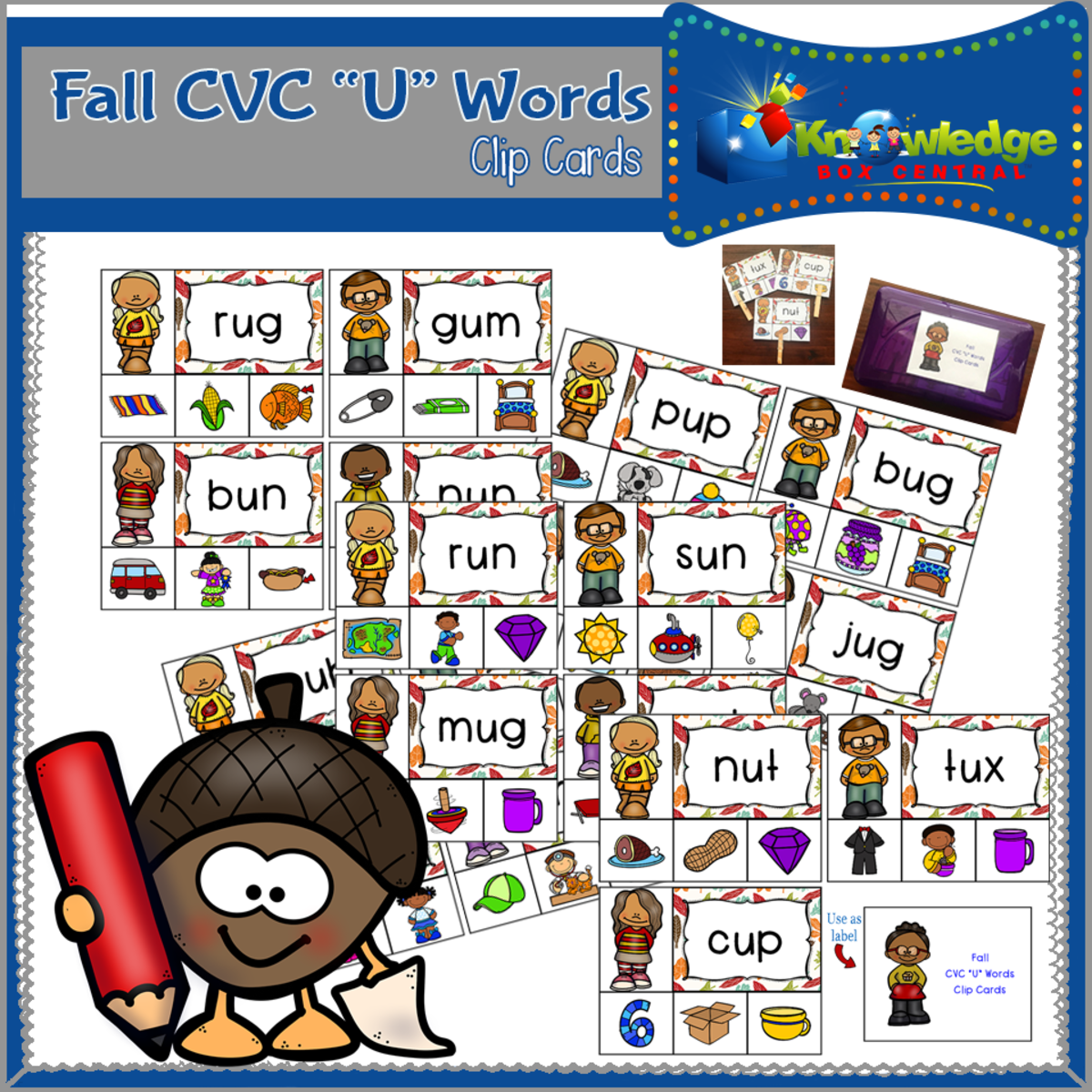 An educational teaching resource from Knowledge Box Central entitled Fall CVC "U" Words Clip Cards - EBOOK downloadable at Teach Simple.