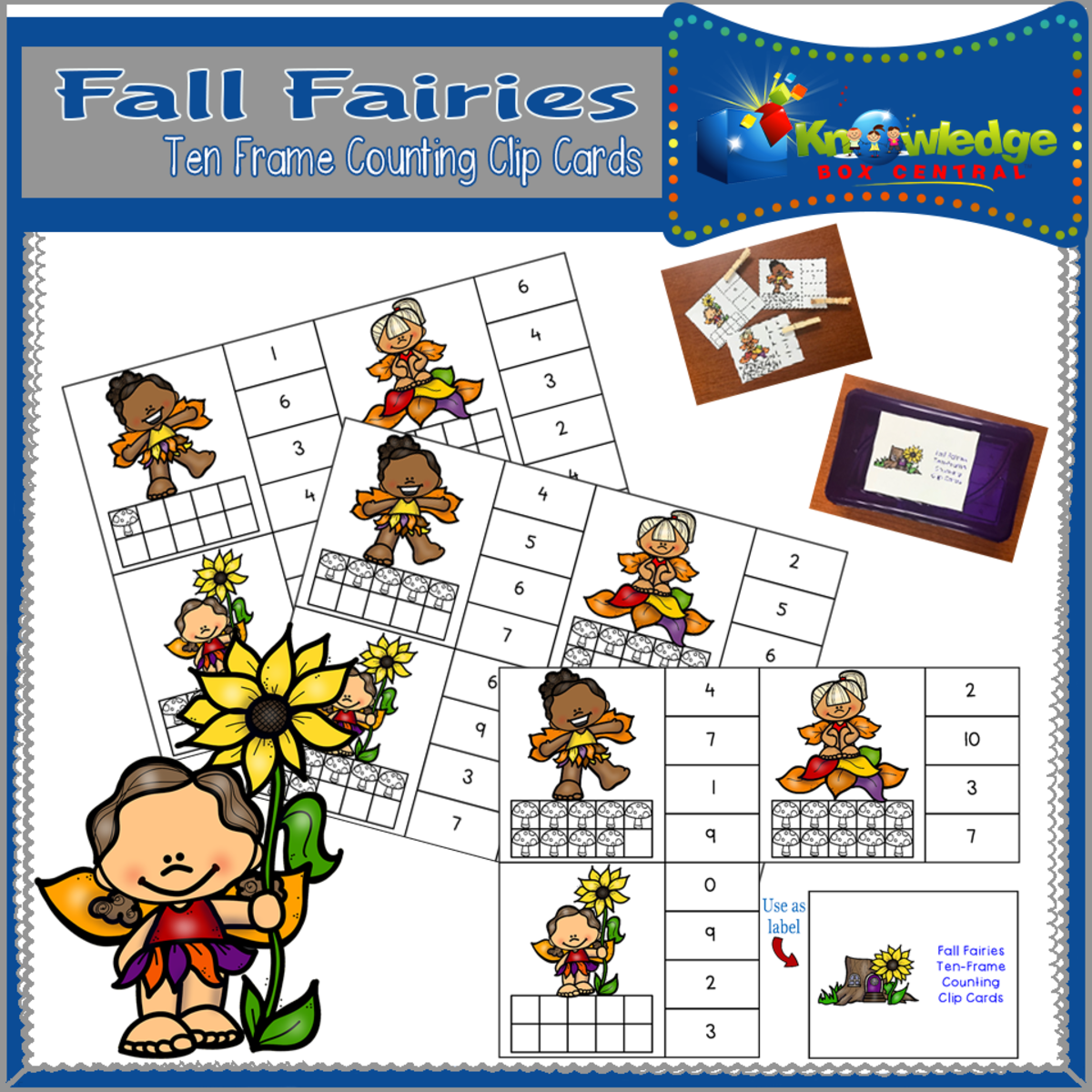 An educational teaching resource from Knowledge Box Central entitled Fall Fairies Ten Frame Counting Clip Cards - EBOOK downloadable at Teach Simple.