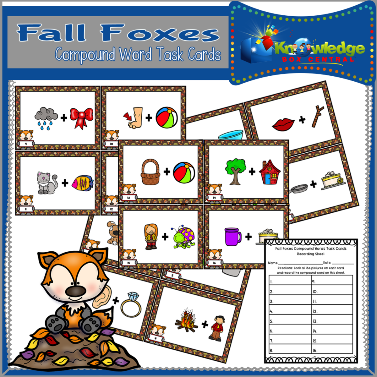 An educational teaching resource from Knowledge Box Central entitled Fall Foxes Compound Words Task Cards - EBOOK downloadable at Teach Simple.