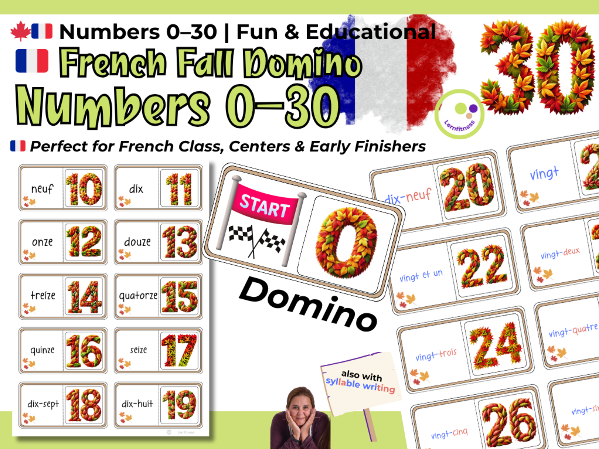 An educational teaching resource from Lernfitness entitled Fall French Domino Game – Numbers and Number Words 0–30 downloadable at Teach Simple.