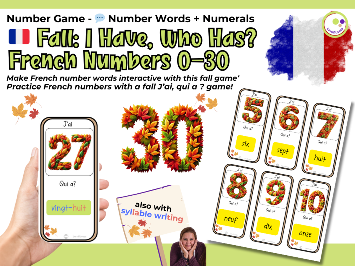 An educational teaching resource from Lernfitness entitled Fall French Number Game β βJβai, qui a ?β 0β30 downloadable at Teach Simple.
