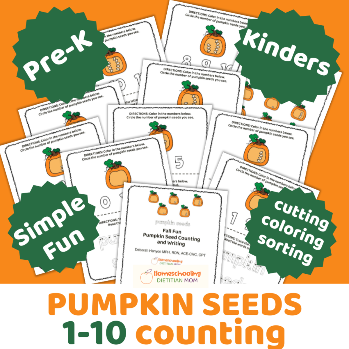 An educational teaching resource from Homeschooling Dietitian Mom entitled Fall Fun - Pumpkin Seed Counting 1-10 downloadable at Teach Simple.