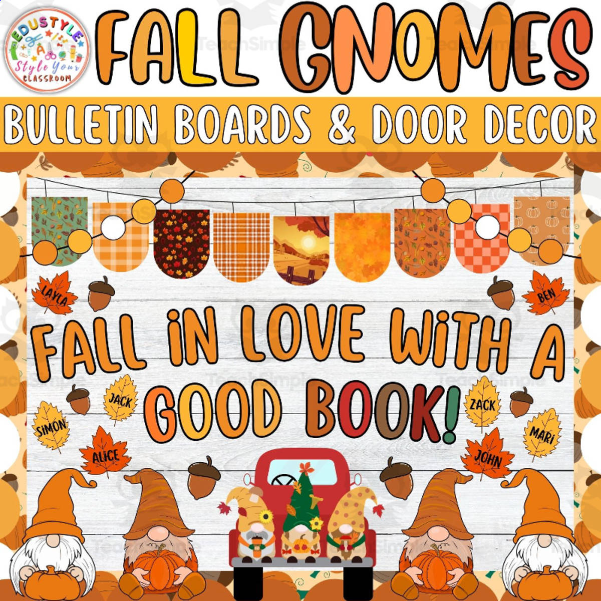An educational teaching resource from Style Your Classroom entitled Fall Gnomies Bulletin board or door Decor kit | September downloadable at Teach Simple.