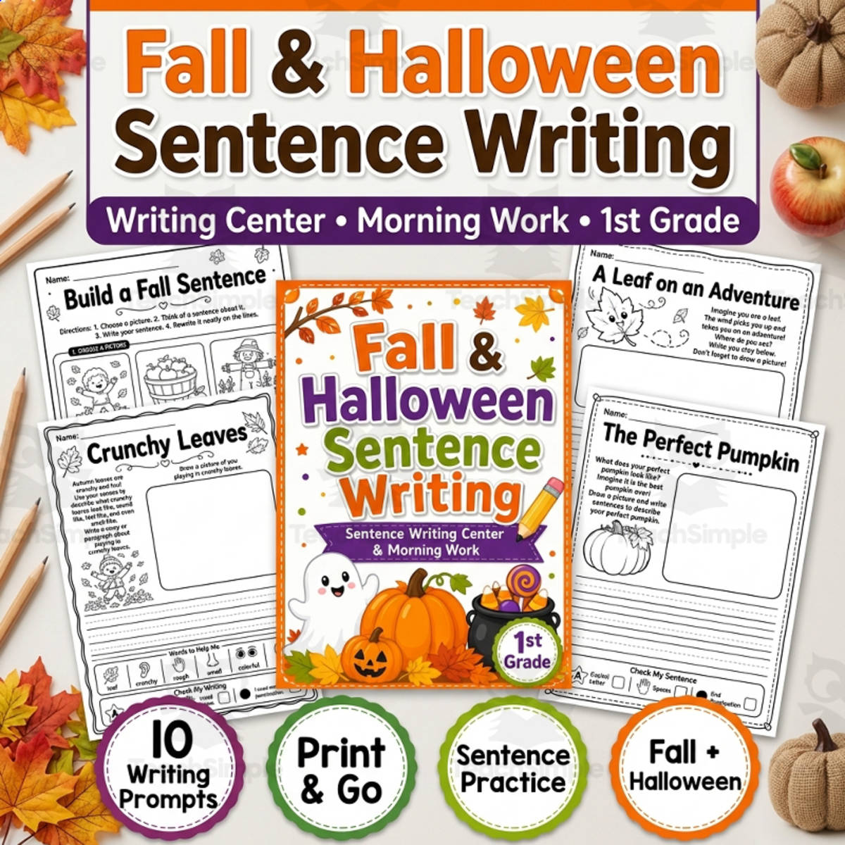 An educational teaching resource from TeachTrend Studio entitled Fall Halloween Writing Prompts Sentence Writing Center 1st Grade downloadable at Teach Simple.