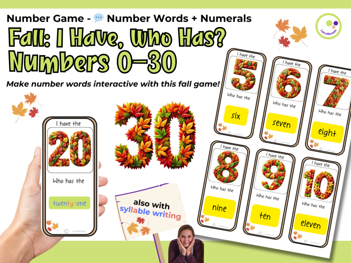 An educational teaching resource from Lernfitness entitled Fall I Have, Who Has? Game – Numbers and Number Words 0–30 downloadable at Teach Simple.