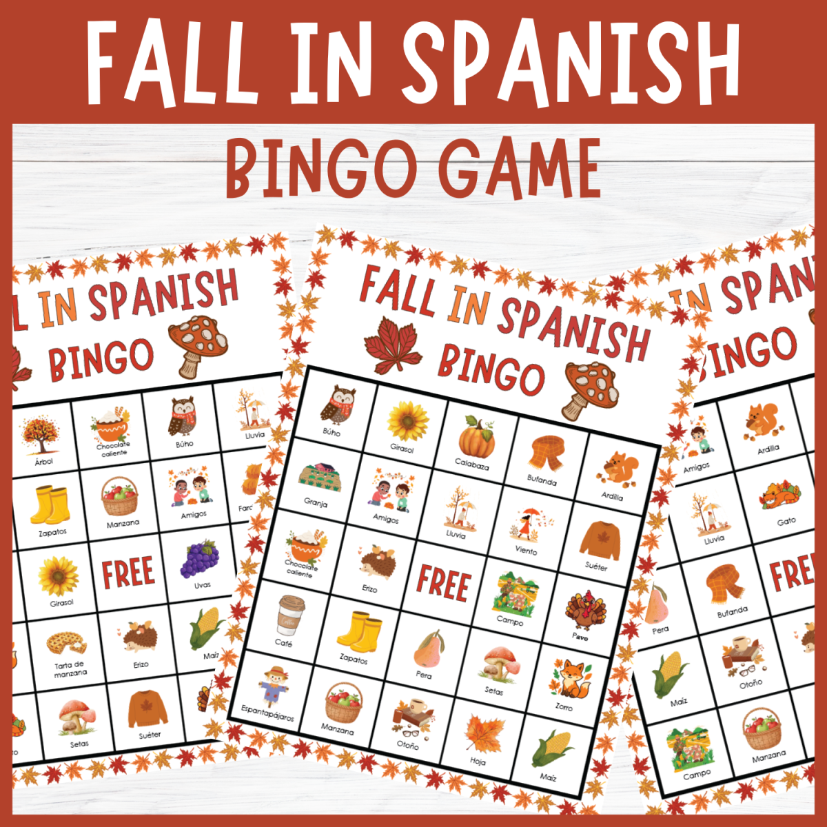 An educational teaching resource from Perfect_Printables entitled Fall in Spanish Bingo de Otoño, No Prep Autumn Vocabulary Activities downloadable at Teach Simple.