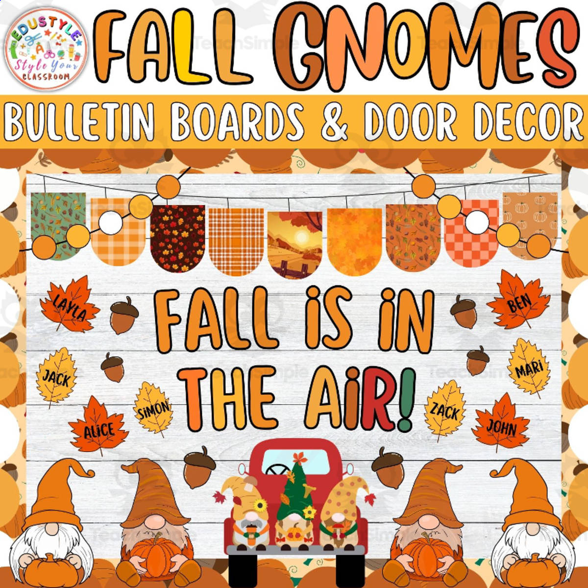 An educational teaching resource from Style Your Classroom entitled Fall Is In The Air!: Autumn Gnomies Bulletin board or door Decor kit downloadable at Teach Simple.
