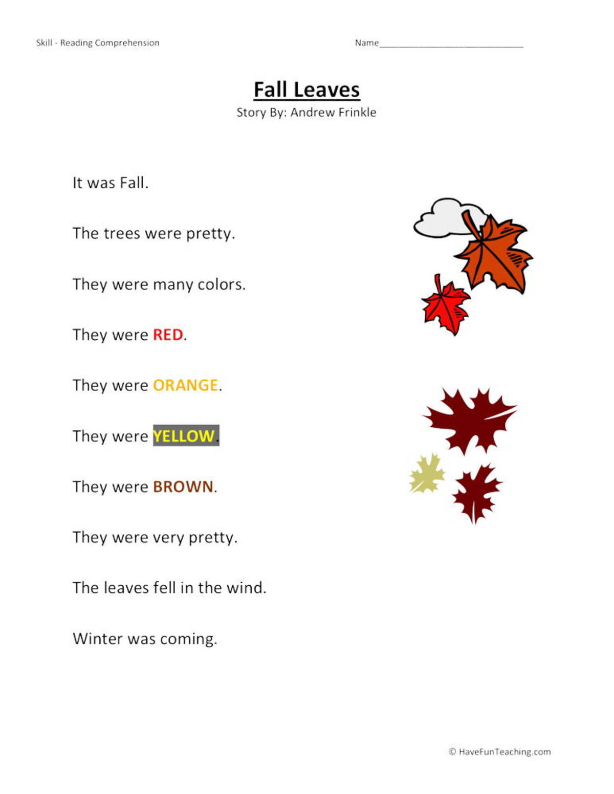 An educational teaching resource from Have Fun Teaching entitled Fall Leaves Reading Comprehension Worksheet downloadable at Teach Simple.