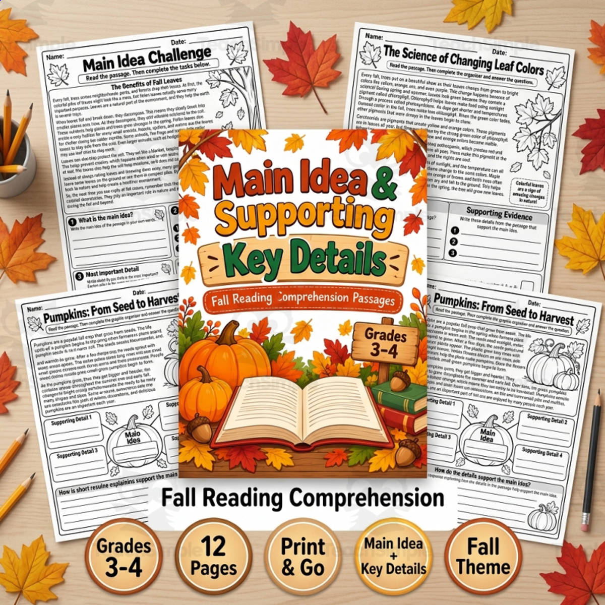 An educational teaching resource from TeachTrend Studio entitled Fall Main Idea & Supporting Details Reading Comprehension 3rd-4th downloadable at Teach Simple.