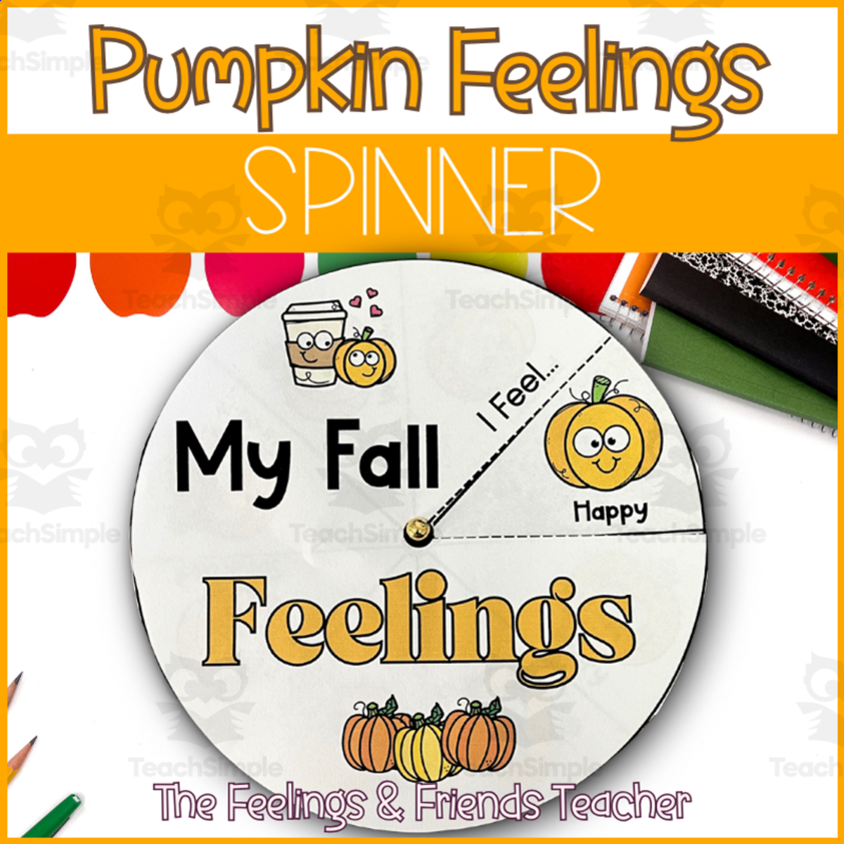 An educational teaching resource from The Feelings and Friends Teacher entitled Fall Pumpkin Feelings Spinner | Pumpkin Emotions Wheel downloadable at Teach Simple.