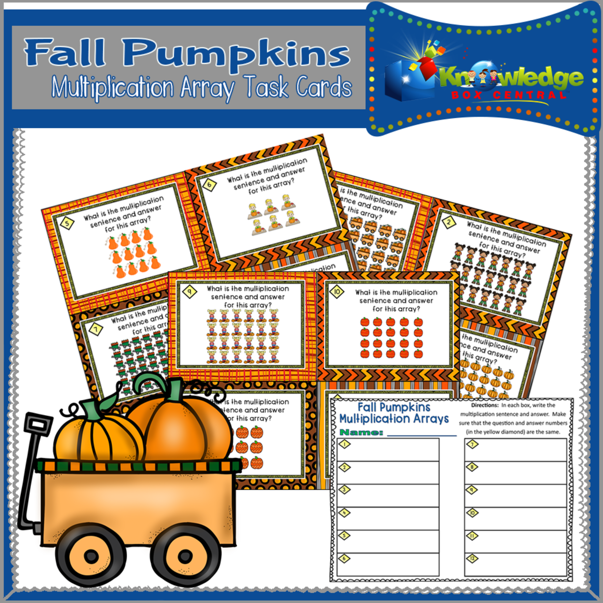 An educational teaching resource from Knowledge Box Central entitled Fall Pumpkins Multiplication Arrays Task Cards With Response Sheet & Answer Key - EBOOK downloadable at Teach Simple.