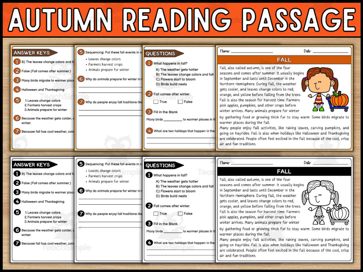 An educational teaching resource from Wonderland School entitled Fall Reading Comprehension Comprehension Passage and Questions downloadable at Teach Simple.