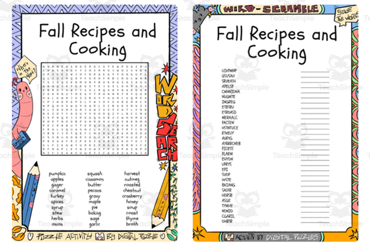 An educational teaching resource from Lapiiin Art Activities entitled Fall Recipes and Cooking word search & scramble downloadable at Teach Simple.