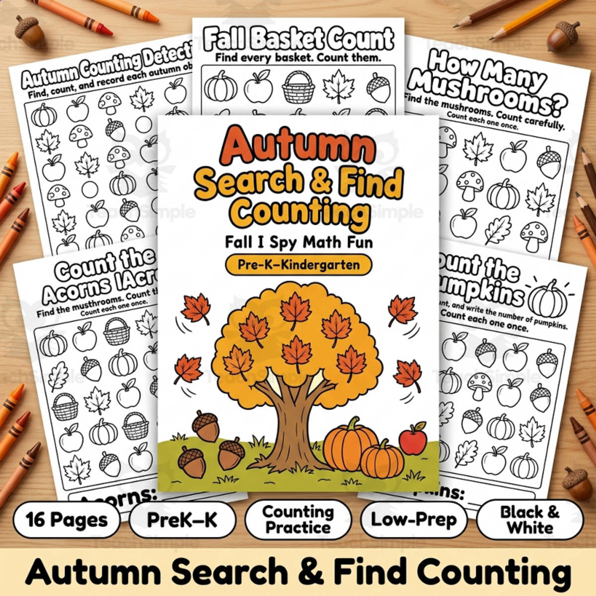 An educational teaching resource from TeachTrend Studio entitled Fall Search and Find Counting Worksheets | Autumn I Spy Math downloadable at Teach Simple.