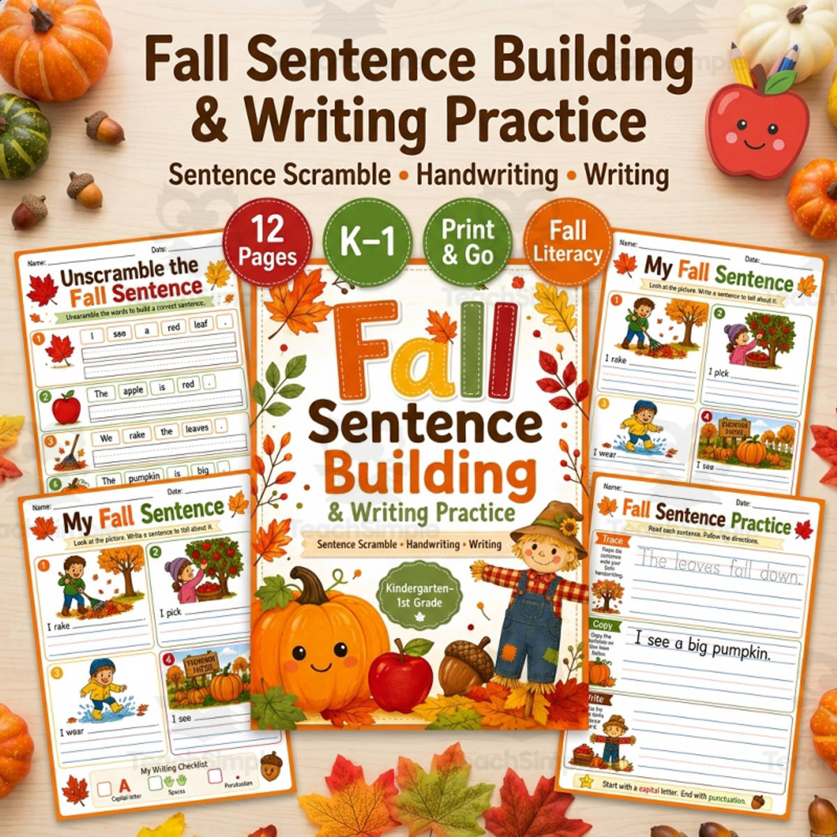 An educational teaching resource from TeachTrend Studio entitled Fall Sentence Scramble & Handwriting Writing Practice Worksheets downloadable at Teach Simple.