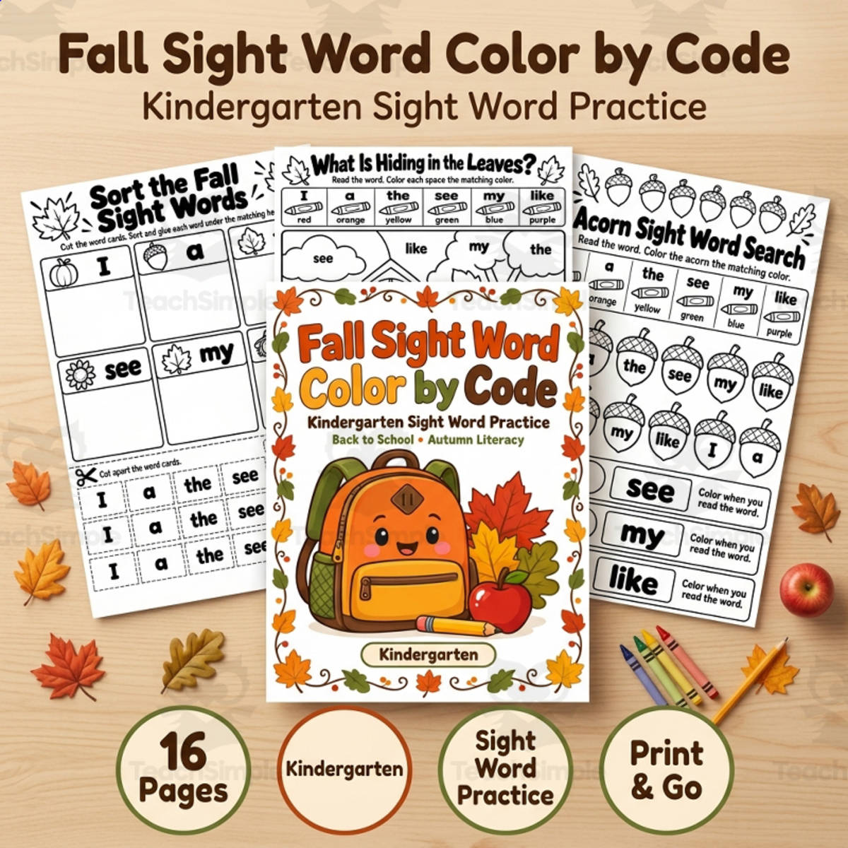 An educational teaching resource from TeachTrend Studio entitled Fall Sight Word Color by Code Worksheets | Kindergarten downloadable at Teach Simple.