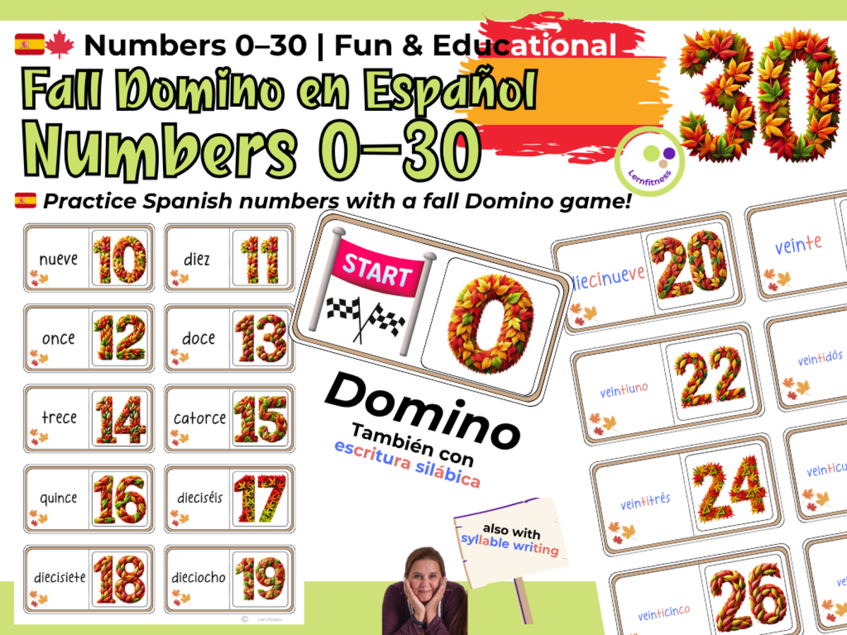 An educational teaching resource from Lernfitness entitled Fall Spanish Domino Game – Numbers and Number Words 0–30 downloadable at Teach Simple.