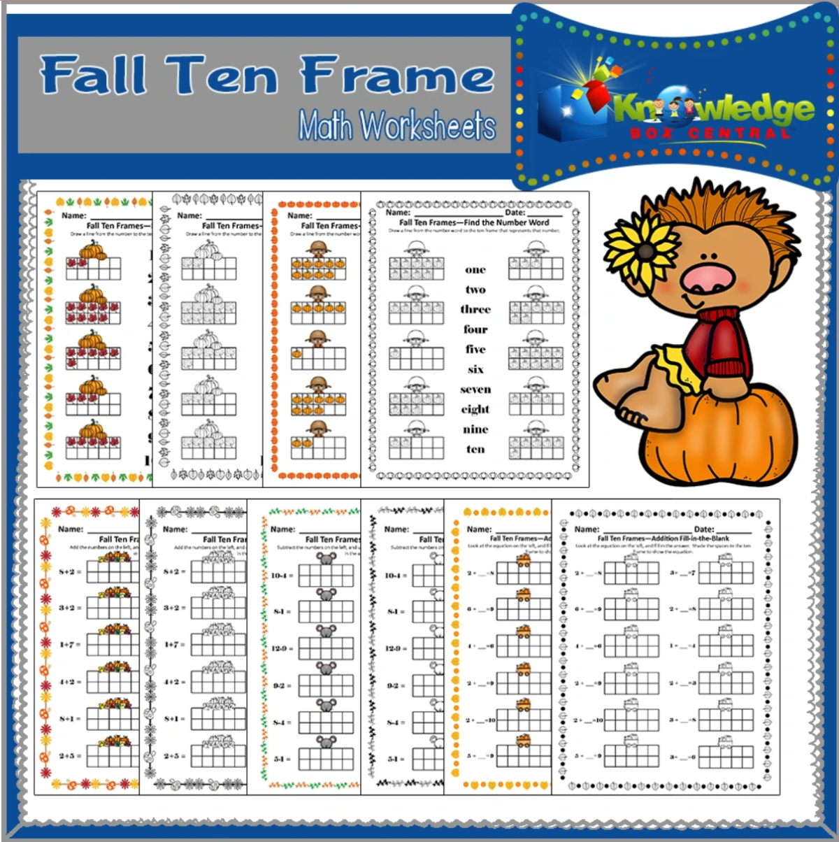 An educational teaching resource from Knowledge Box Central entitled Fall Ten Frame Math Worksheets - EBOOK downloadable at Teach Simple.