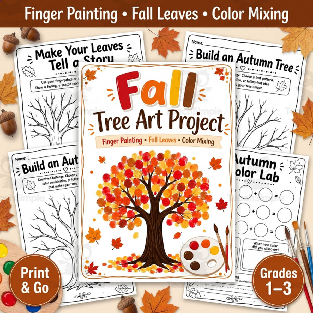 An educational teaching resource from TeachTrend Studio entitled Fall Tree Art Project | Finger Painting, Leaves & Color Mixing downloadable at Teach Simple.