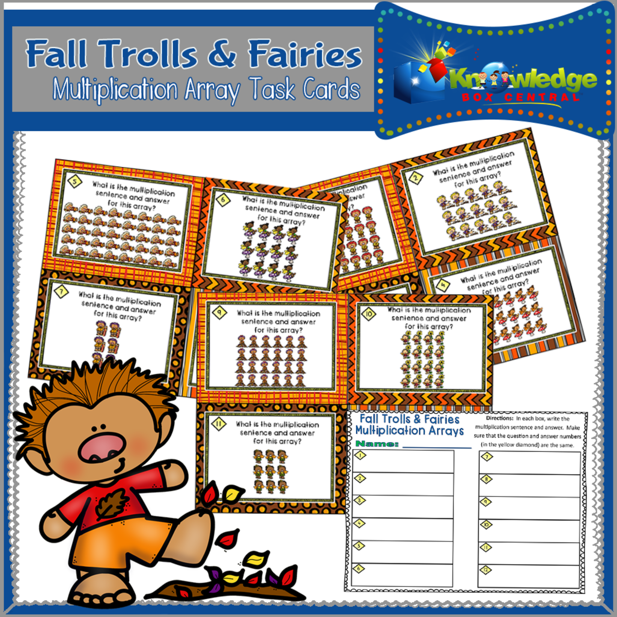 An educational teaching resource from Knowledge Box Central entitled Fall Trolls & Fairies Multiplication Arrays Task Cards downloadable at Teach Simple.