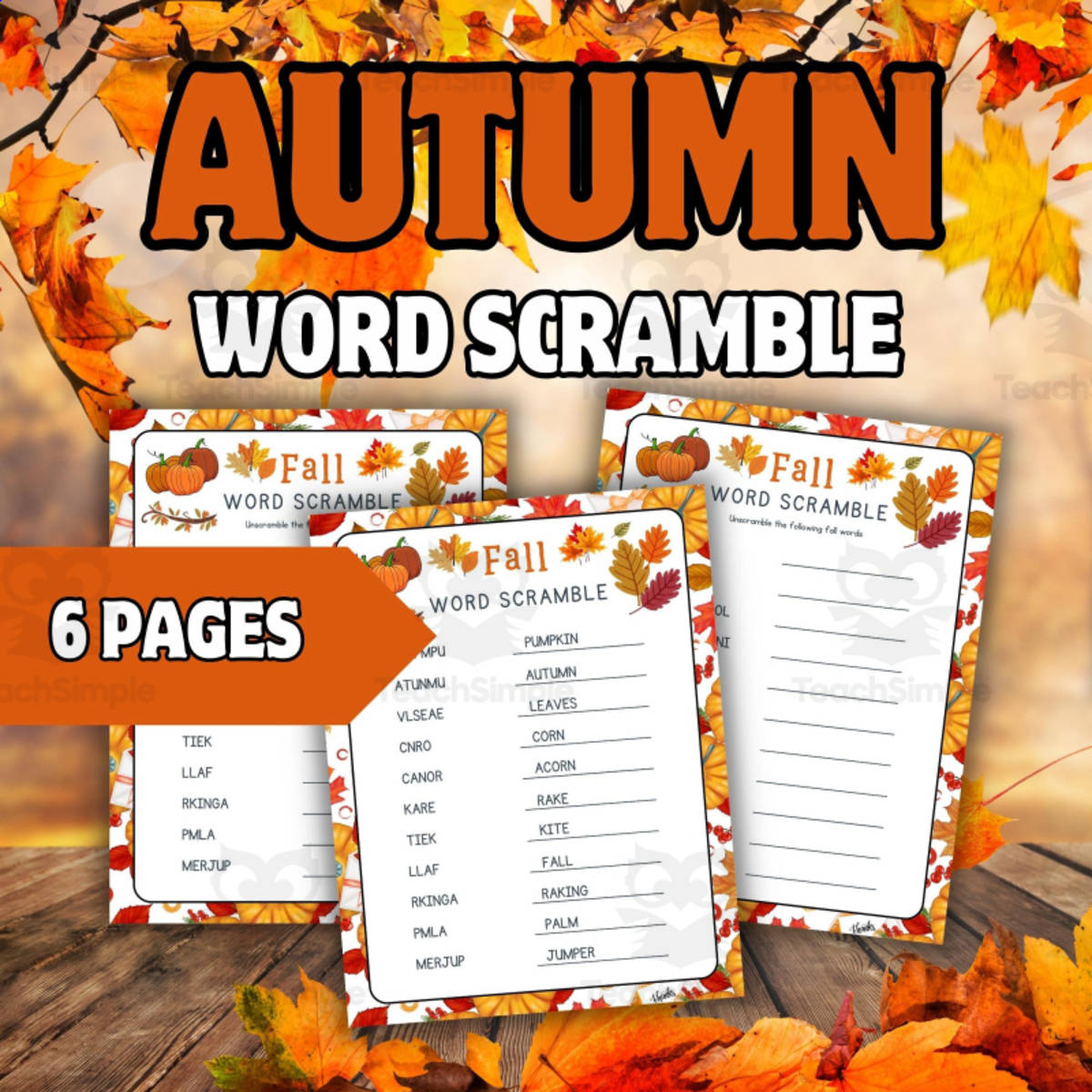An educational teaching resource from Wonderland School entitled Fall Word Scramble Worksheets For Kindergarten - Autumn Puzzle For kid downloadable at Teach Simple.