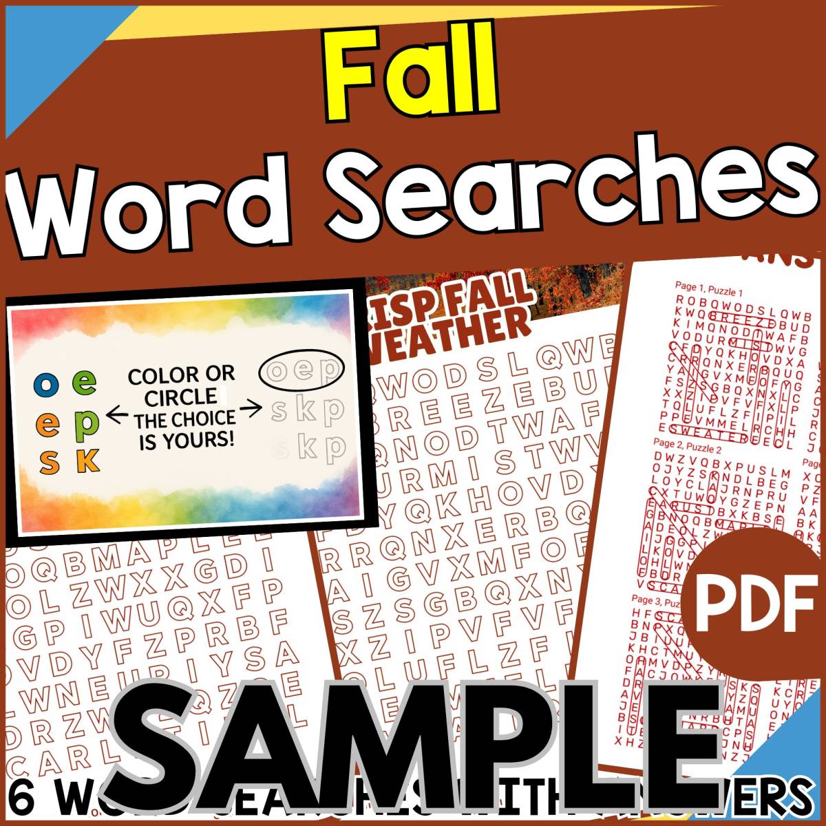 An educational teaching resource from Cored Education entitled Fall Word Search: 1 Page Sample (PDF) downloadable at Teach Simple.