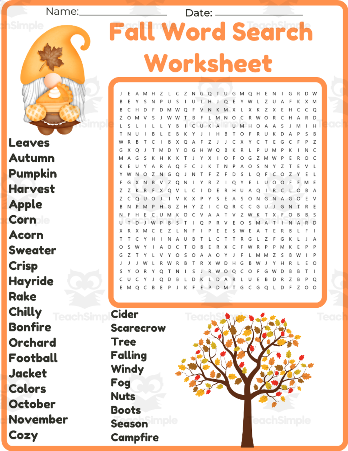 An educational teaching resource from space shope entitled Fall Word Search worksheet activity downloadable at Teach Simple.