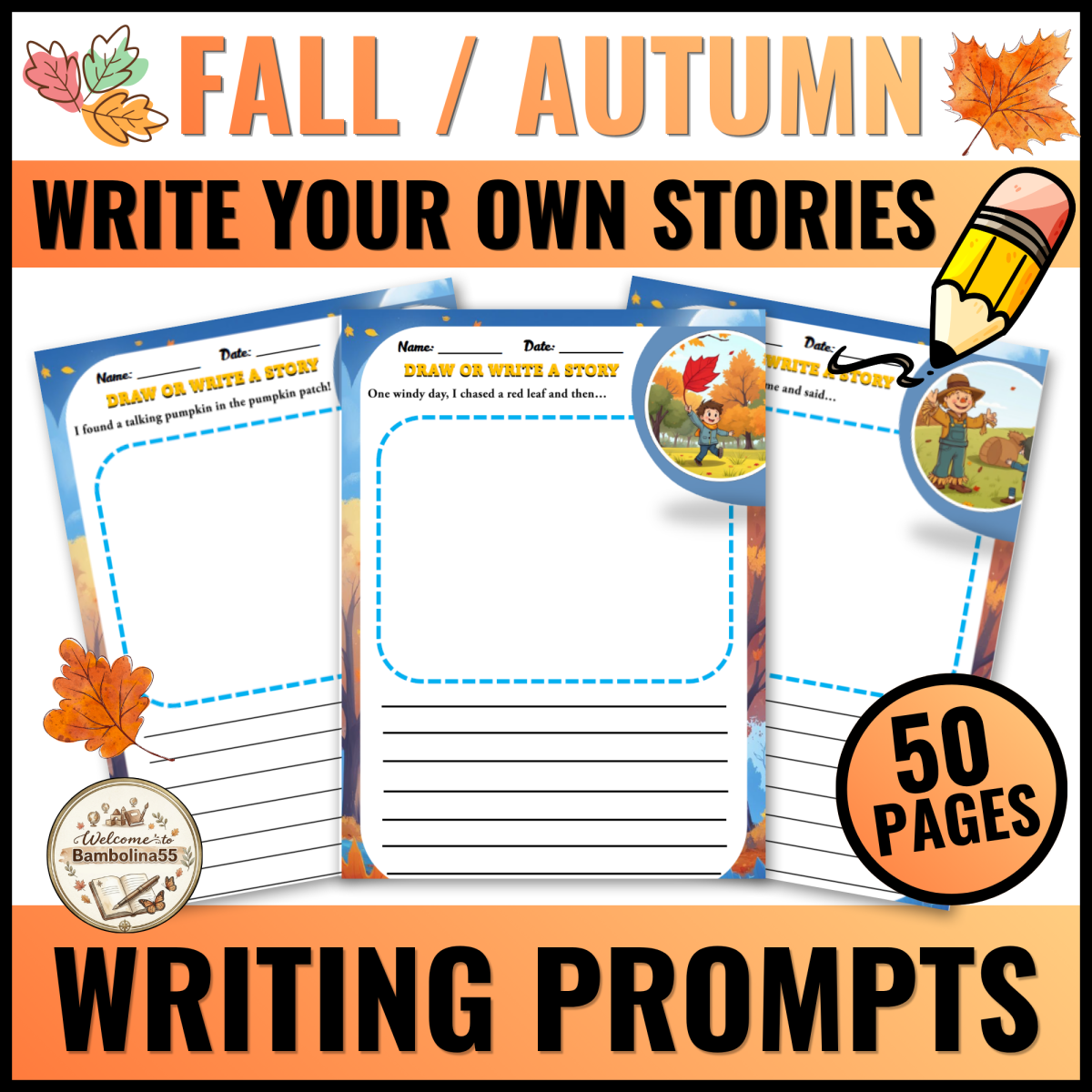 An educational teaching resource from Bambolina55 entitled Fall Writing Prompts Write Your Own Stories for Kindergarten : 3rd downloadable at Teach Simple.