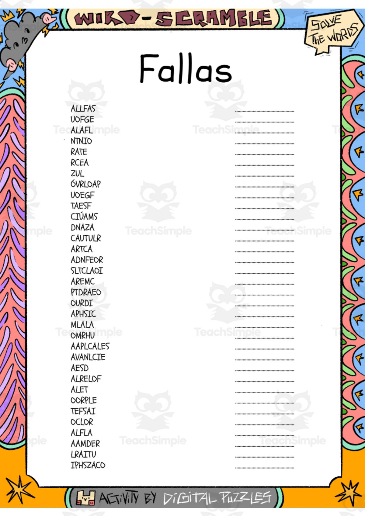 An educational teaching resource from Lapiiin Art Activities entitled Fallas  word Scramble puzzle worksheet downloadable at Teach Simple.