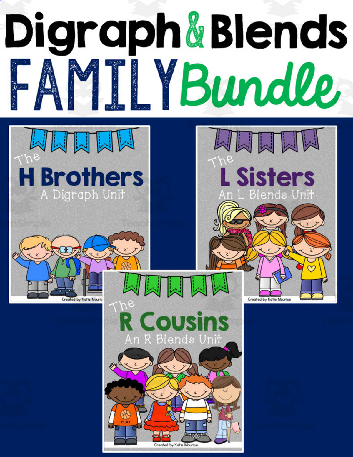 An educational teaching resource from Katie Maurice entitled Family Bundle: Digraph + Blends downloadable at Teach Simple.