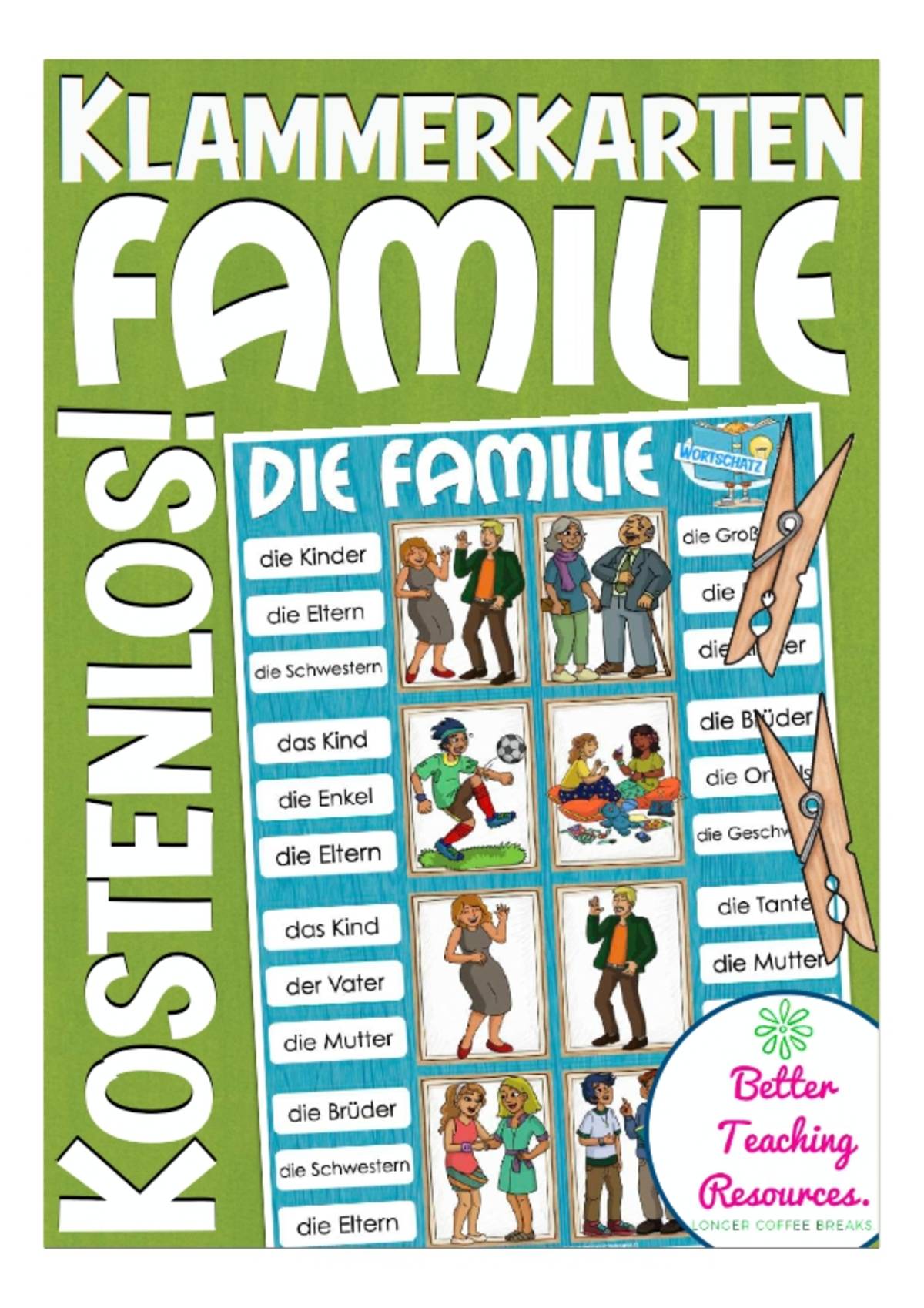 An educational teaching resource from Better Teaching Resources entitled Family Clip Cards for Practicing Spelling & Vocabulary (German) downloadable at Teach Simple.
