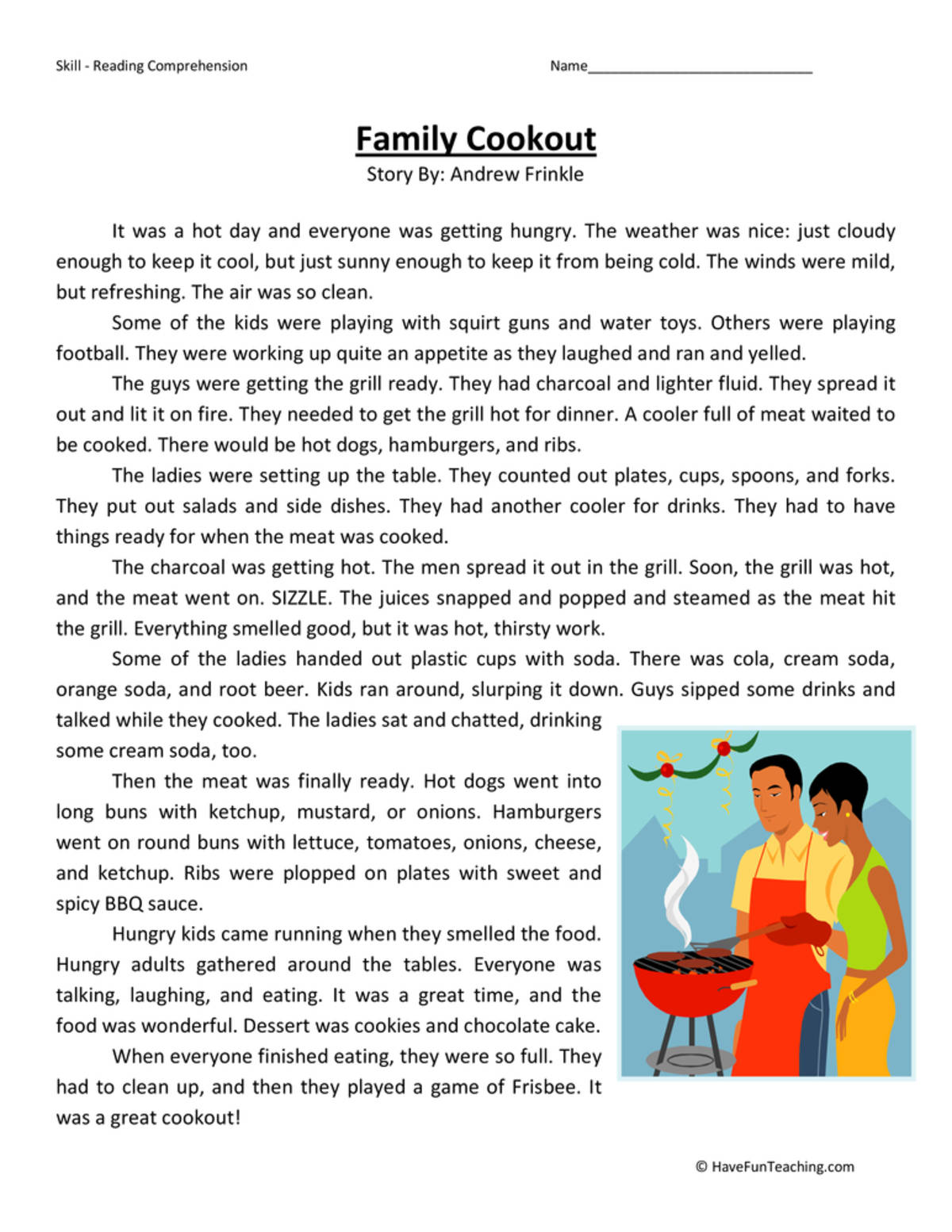 An educational teaching resource from Have Fun Teaching entitled Family Cookout - Reading Comprehension Worksheet downloadable at Teach Simple.